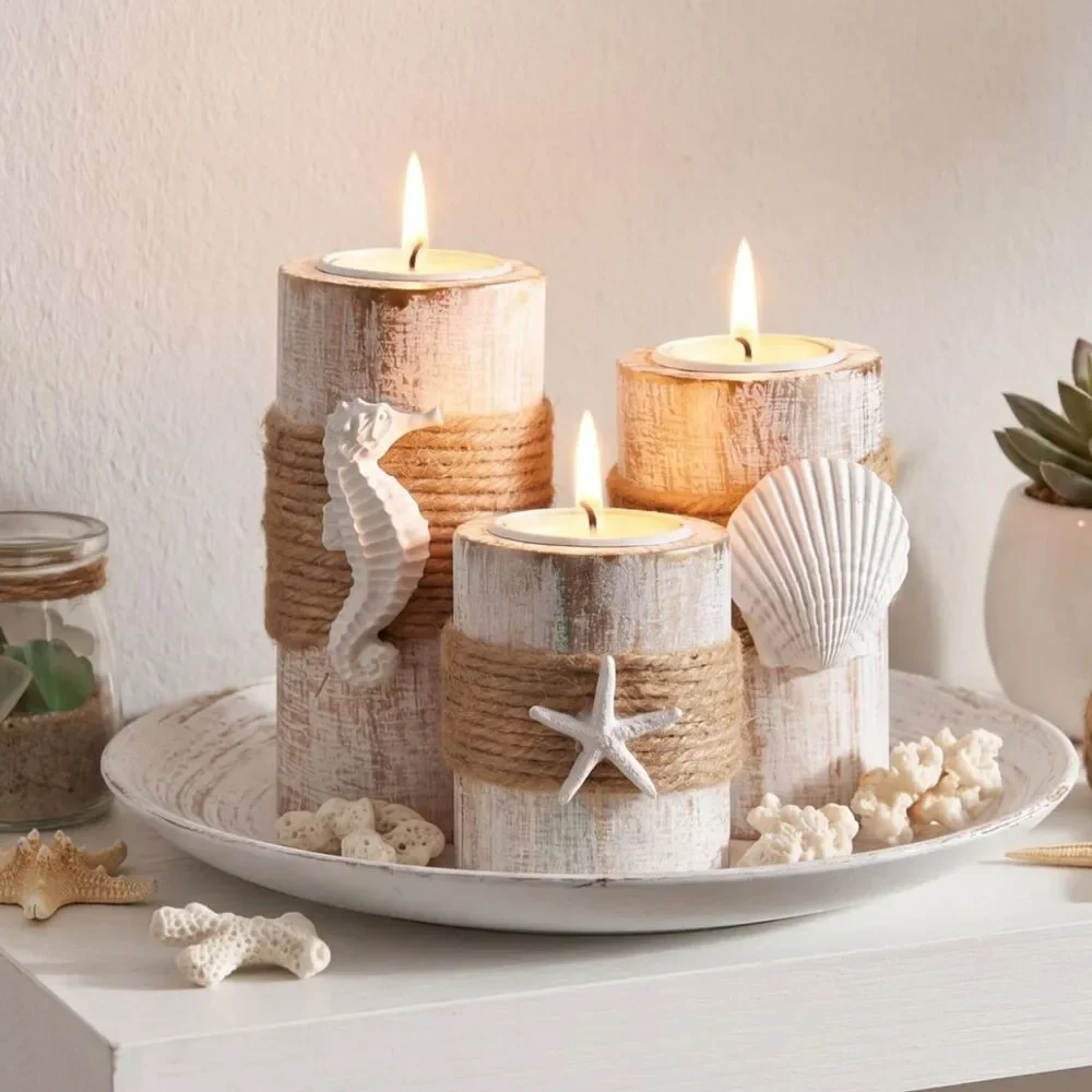 AceOrbit Rustic Starfish Wooden Tealight Candle Holders (Set of 3)